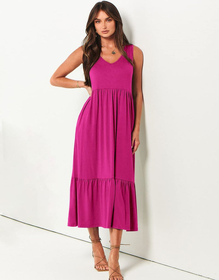 ANRABESS Sleeveless V-Neck Tiered Maxi Dress with Pockets