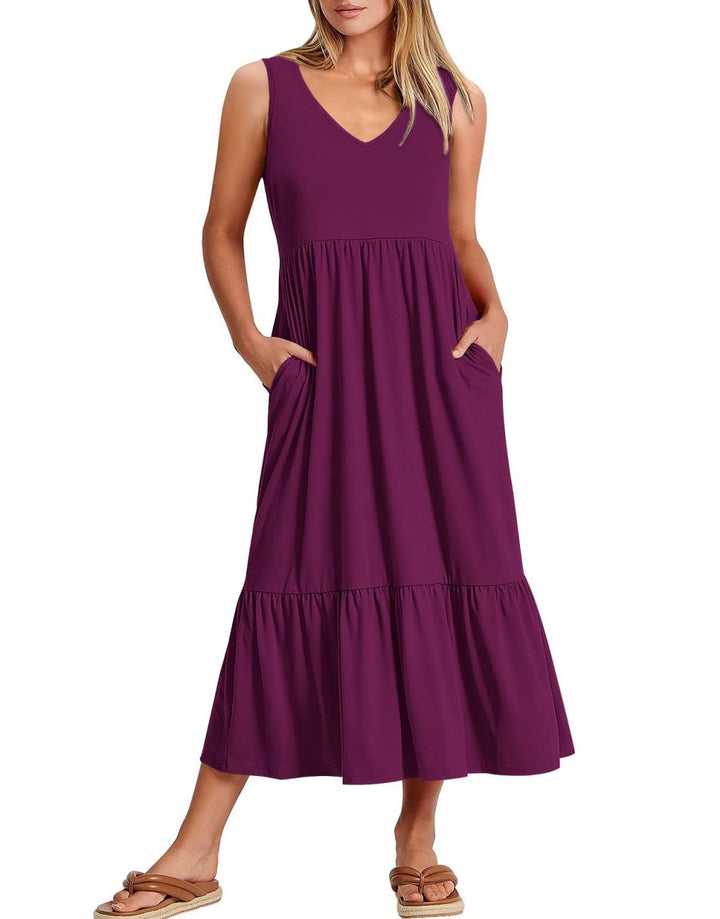 ANRABESS Sleeveless V-Neck Tiered Maxi Dress with Pockets
