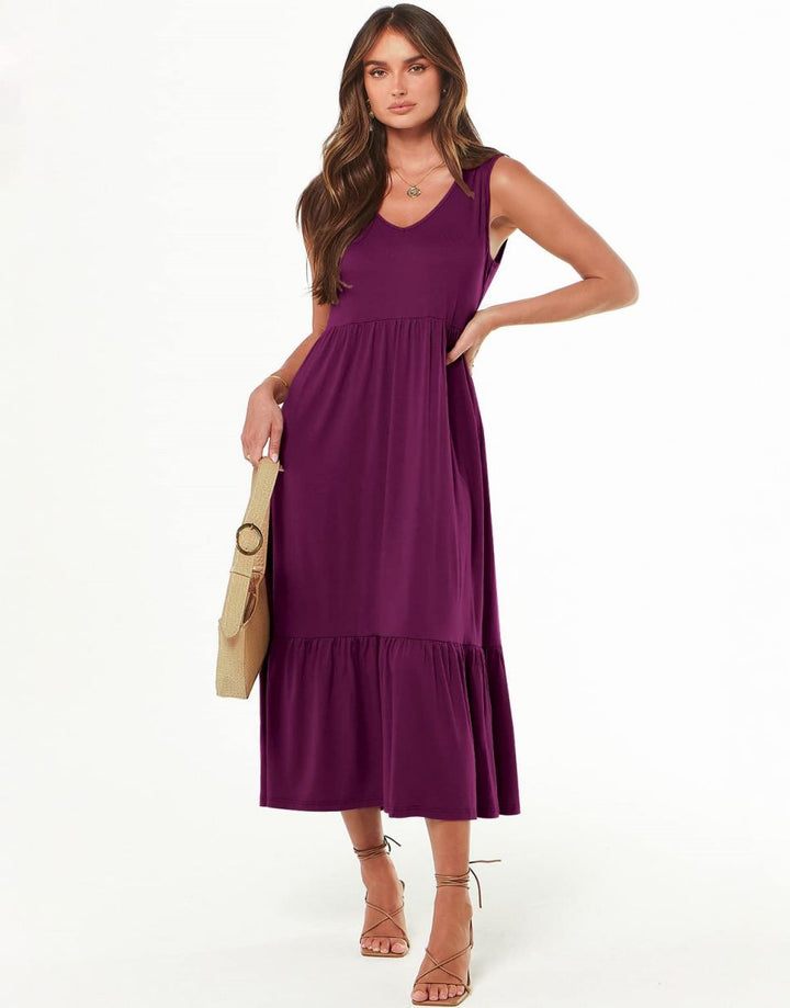 ANRABESS Sleeveless V-Neck Tiered Maxi Dress with Pockets