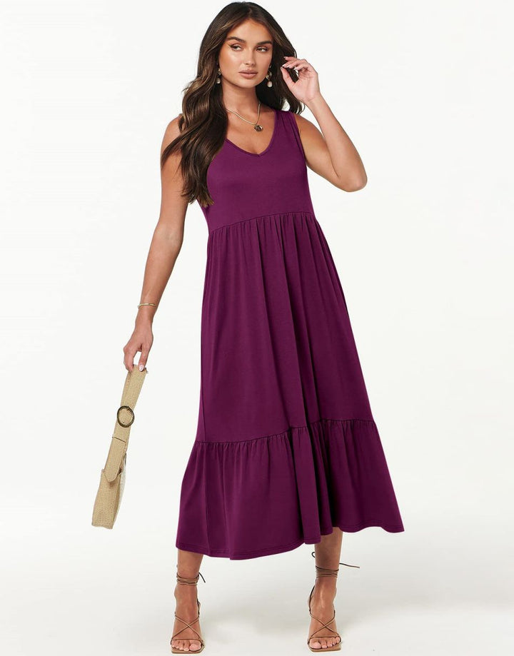 ANRABESS Sleeveless V-Neck Tiered Maxi Dress with Pockets