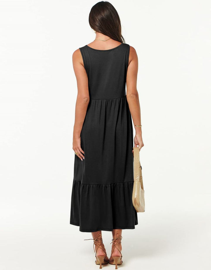 ANRABESS Sleeveless V-Neck Tiered Maxi Dress with Pockets
