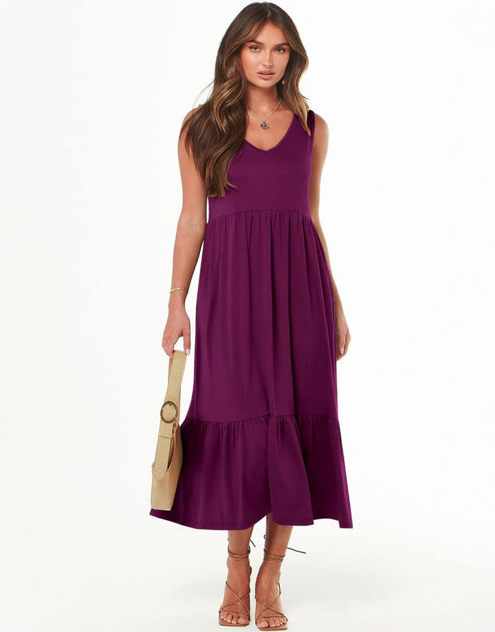 ANRABESS Sleeveless V-Neck Tiered Maxi Dress with Pockets