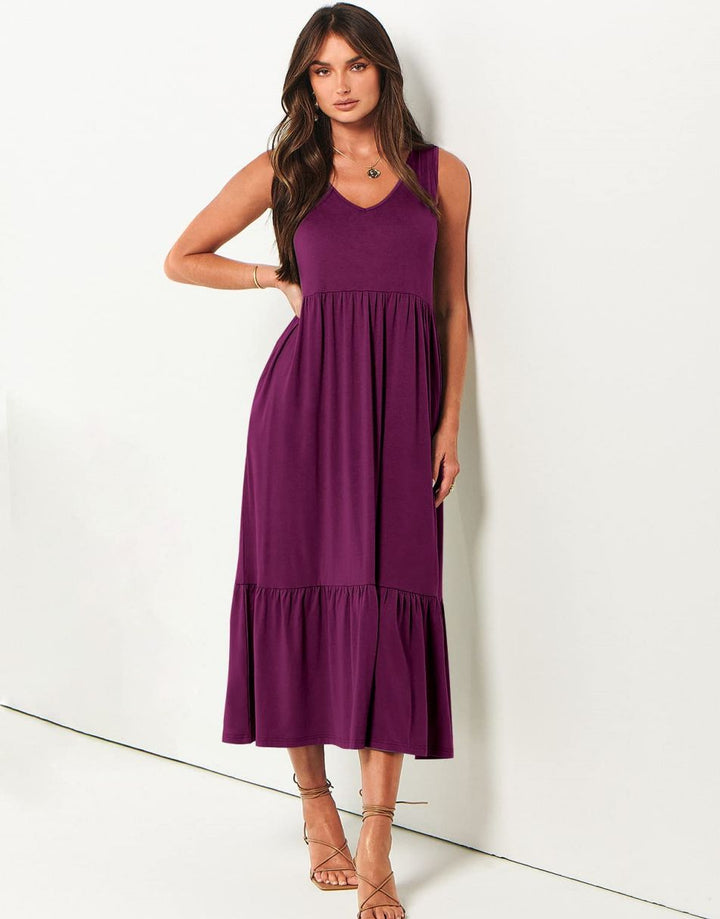 ANRABESS Sleeveless V-Neck Tiered Maxi Dress with Pockets