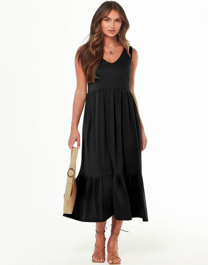 ANRABESS Sleeveless V-Neck Tiered Maxi Dress with Pockets