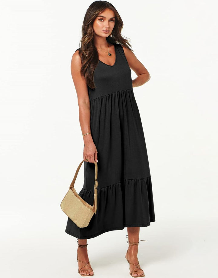 ANRABESS Sleeveless V-Neck Tiered Maxi Dress with Pockets