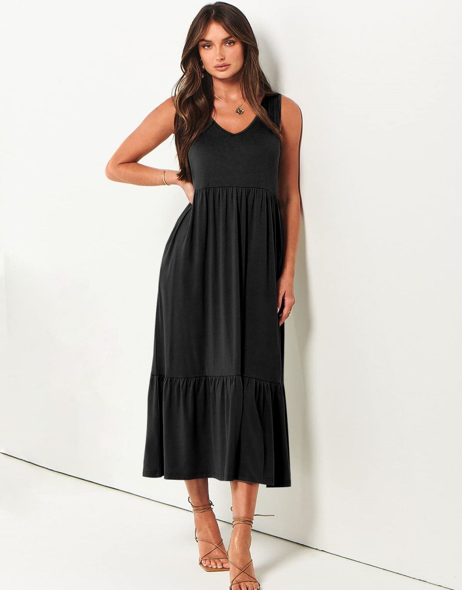 ANRABESS Sleeveless V-Neck Tiered Maxi Dress with Pockets