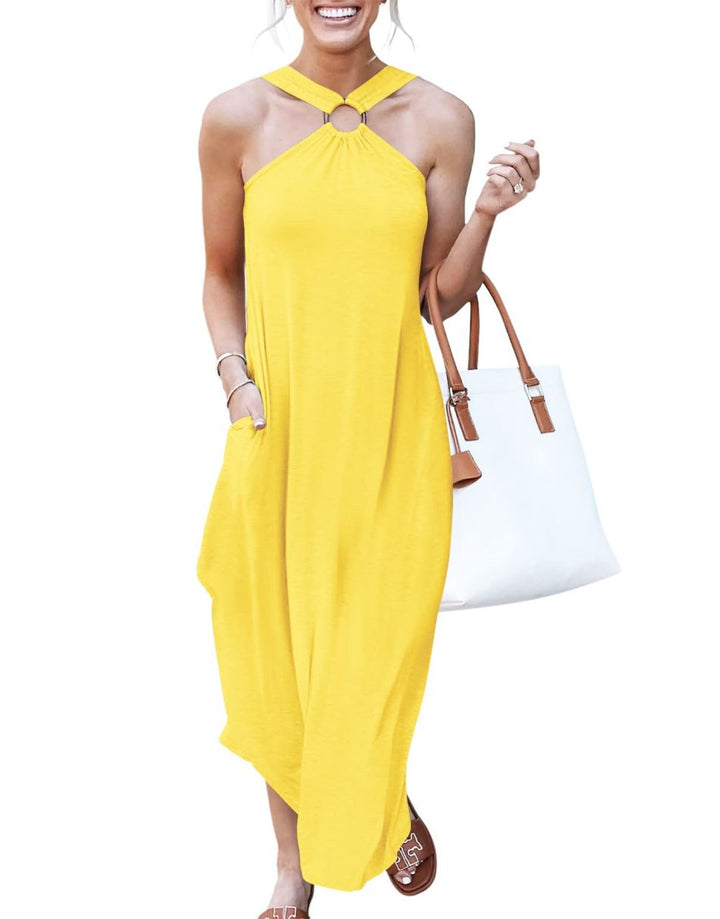ANRABESS Criss Cross Sleeveless Maxi Beach Dress with Pockets