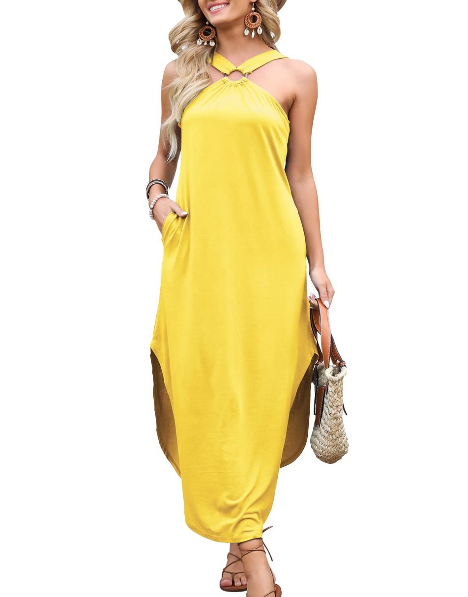 ANRABESS Criss Cross Sleeveless Maxi Beach Dress with Pockets