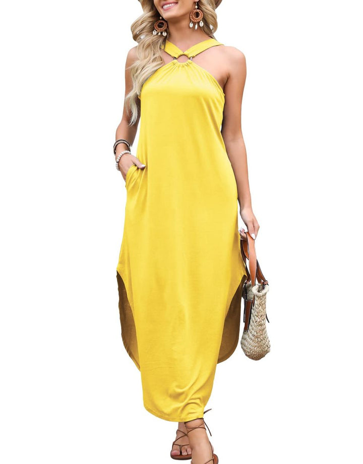 ANRABESS Criss Cross Sleeveless Maxi Beach Dress with Pockets