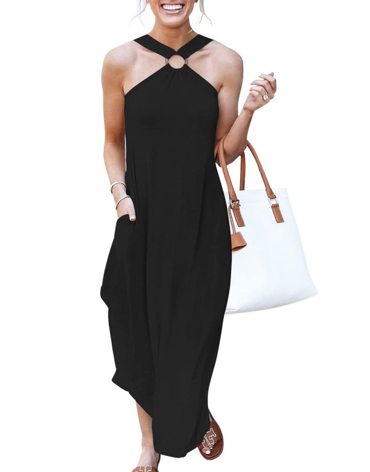 ANRABESS Criss Cross Sleeveless Maxi Beach Dress with Pockets