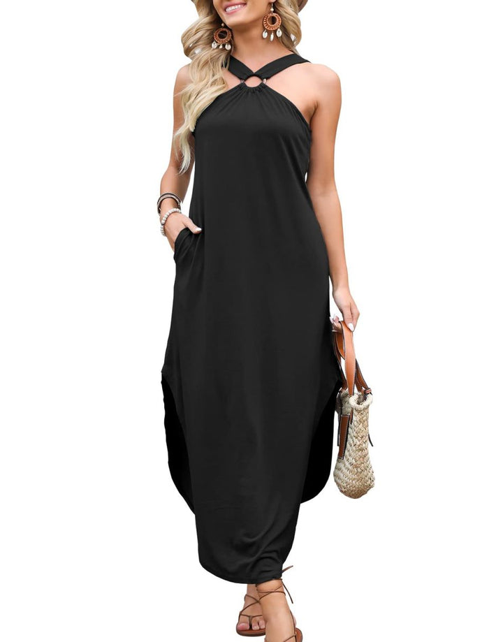 ANRABESS Criss Cross Sleeveless Maxi Beach Dress with Pockets
