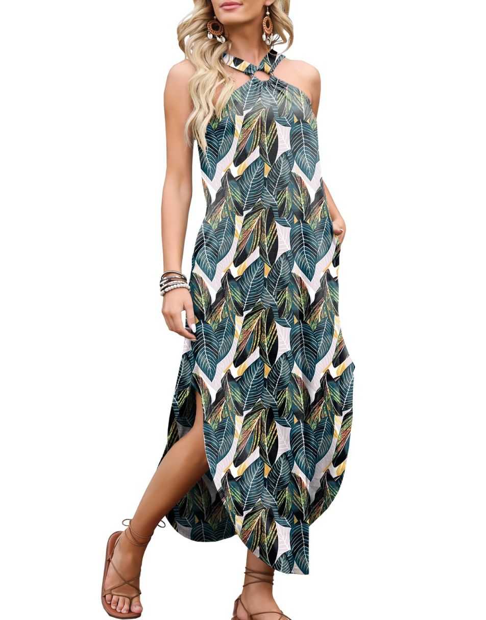 ANRABESS Criss Cross Sleeveless Maxi Beach Dress with Pockets