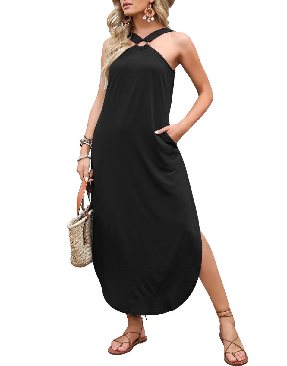 ANRABESS Criss Cross Sleeveless Maxi Beach Dress with Pockets
