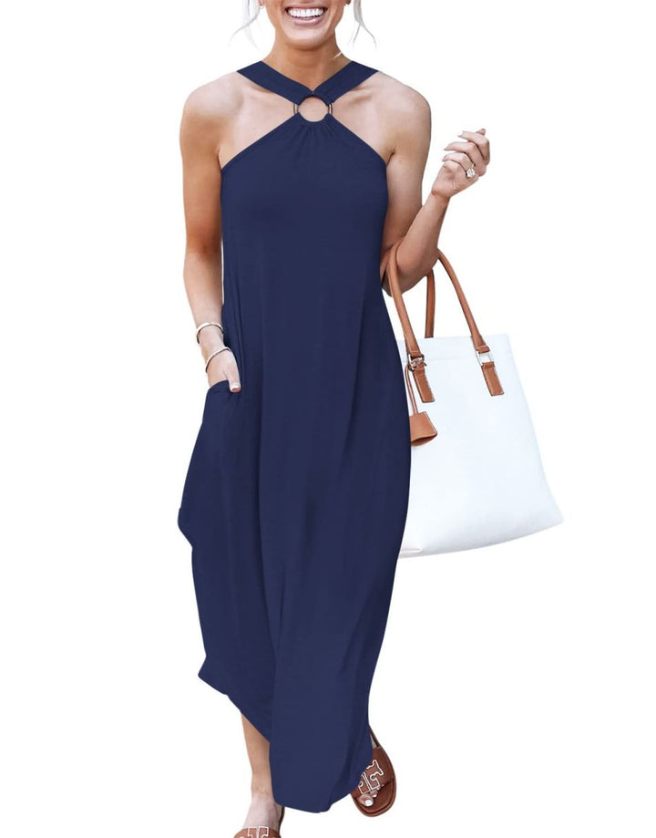 ANRABESS Criss Cross Sleeveless Maxi Beach Dress with Pockets