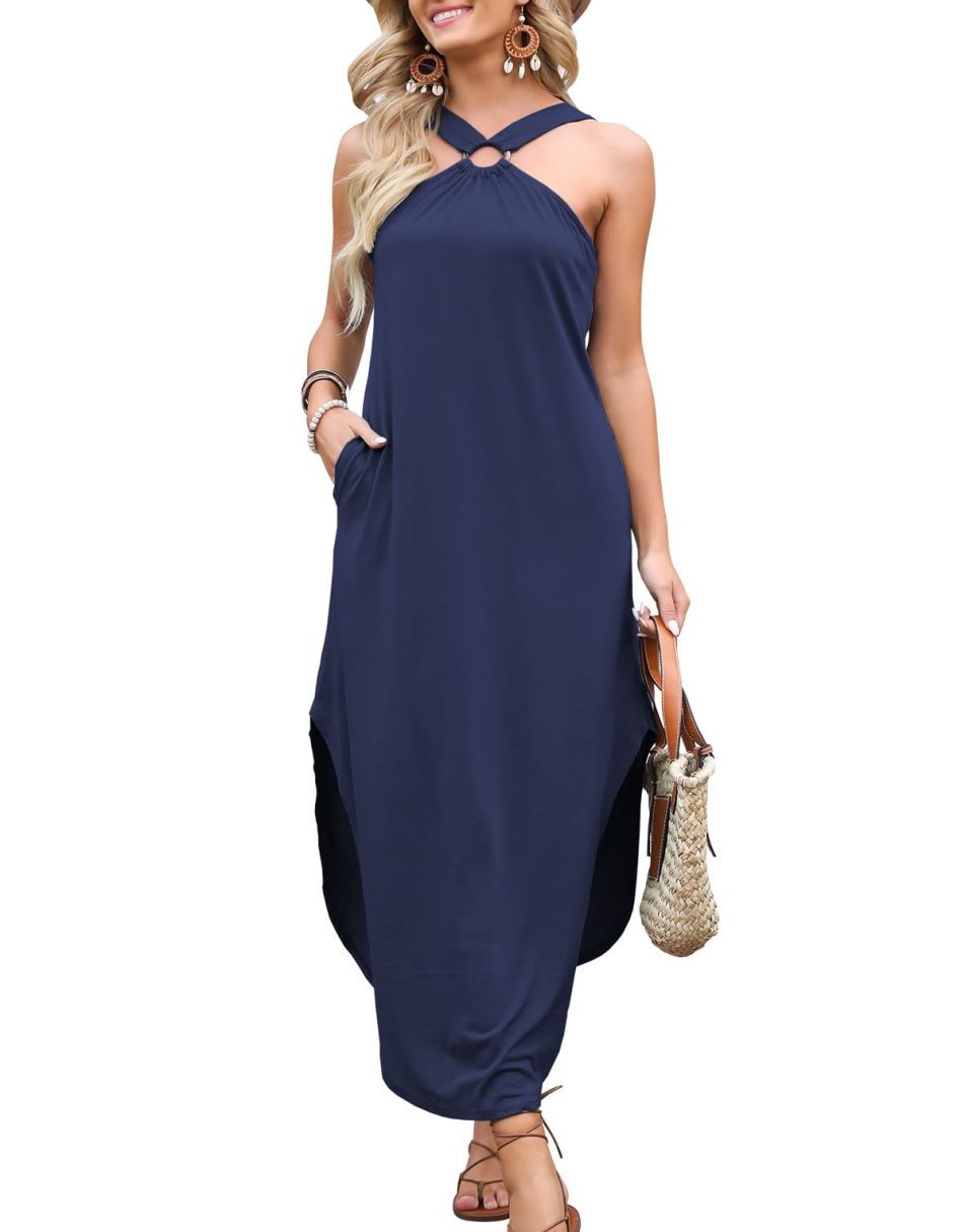 ANRABESS Criss Cross Sleeveless Maxi Beach Dress with Pockets