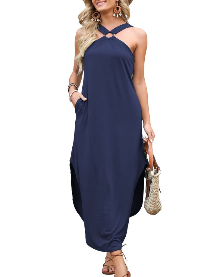 ANRABESS Criss Cross Sleeveless Maxi Beach Dress with Pockets