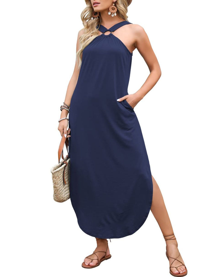 ANRABESS Criss Cross Sleeveless Maxi Beach Dress with Pockets