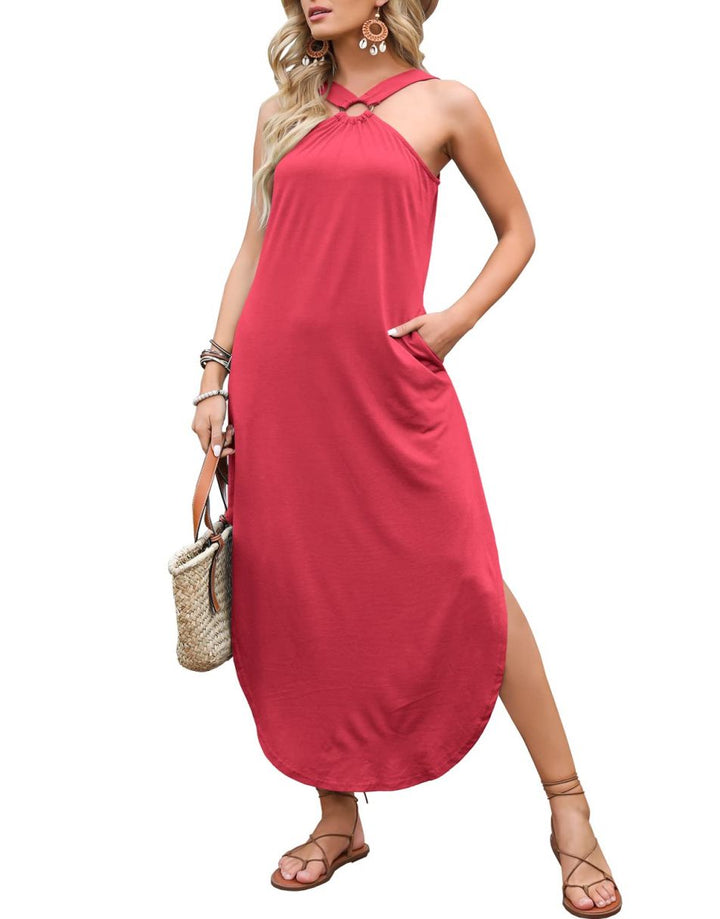 ANRABESS Criss Cross Sleeveless Maxi Beach Dress with Pockets