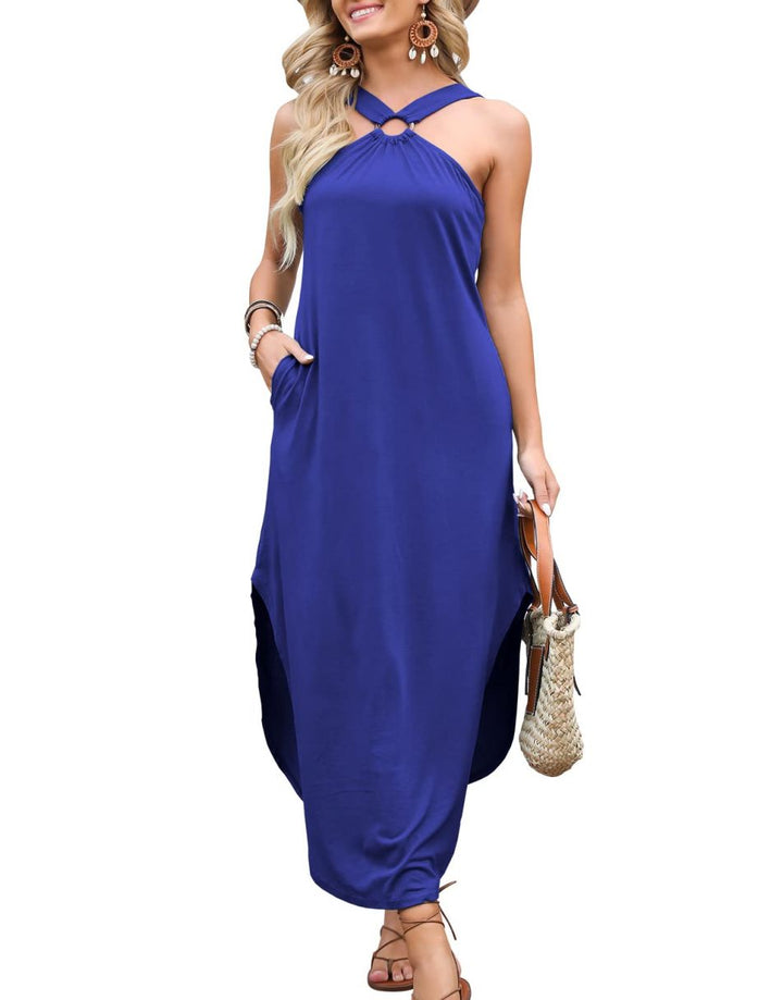 ANRABESS Criss Cross Sleeveless Maxi Beach Dress with Pockets