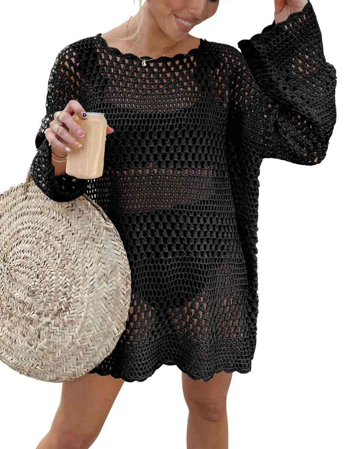 ANRABESS Womens Swimsuit Cover Up Crochet Long Sleeve Mesh Knit Summer Beach Dress Sheer Hollow Out Bathing Suit Coverup