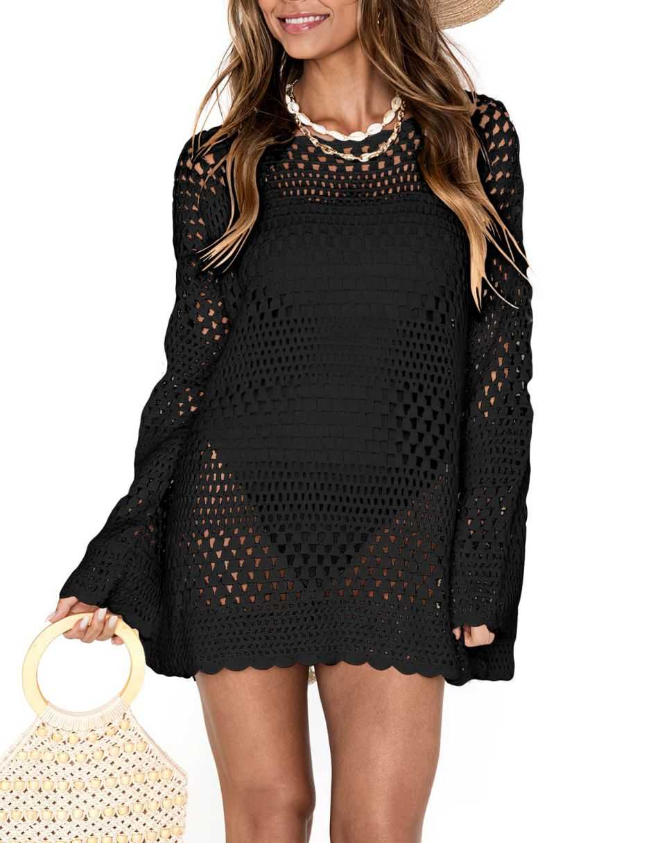 ANRABESS Womens Swimsuit Cover Up Crochet Long Sleeve Mesh Knit Summer Beach Dress Sheer Hollow Out Bathing Suit Coverup