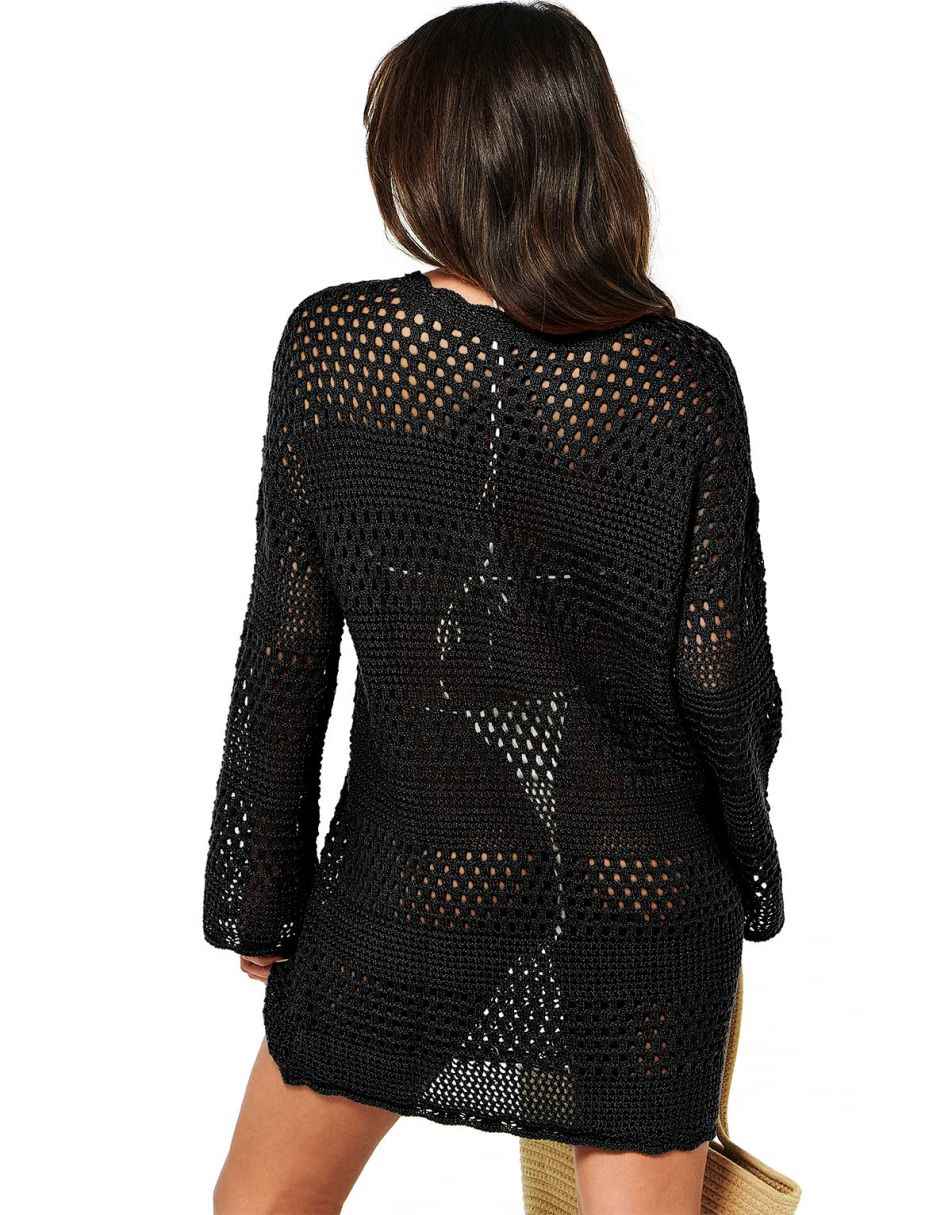 ANRABESS Womens Swimsuit Cover Up Crochet Long Sleeve Mesh Knit Summer Beach Dress Sheer Hollow Out Bathing Suit Coverup
