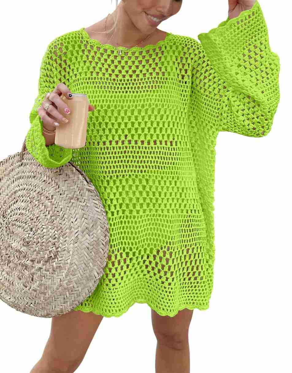 ANRABESS Womens Swimsuit Cover Up Crochet Long Sleeve Mesh Knit Summer Beach Dress Sheer Hollow Out Bathing Suit Coverup