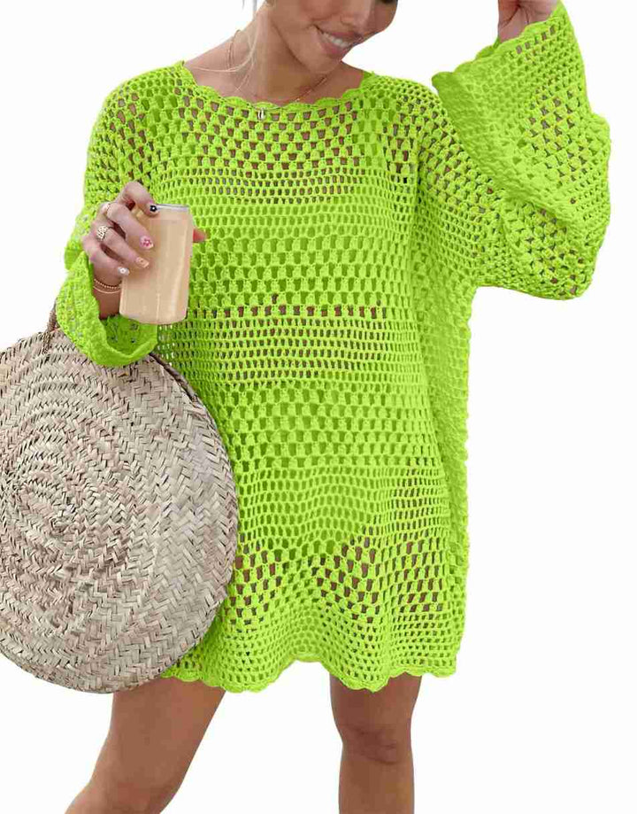 ANRABESS Womens Swimsuit Cover Up Crochet Long Sleeve Mesh Knit Summer Beach Dress Sheer Hollow Out Bathing Suit Coverup