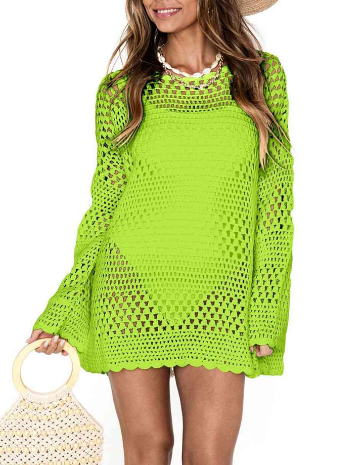 ANRABESS Womens Swimsuit Cover Up Crochet Long Sleeve Mesh Knit Summer Beach Dress Sheer Hollow Out Bathing Suit Coverup