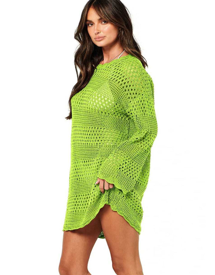 ANRABESS Womens Swimsuit Cover Up Crochet Long Sleeve Mesh Knit Summer Beach Dress Sheer Hollow Out Bathing Suit Coverup