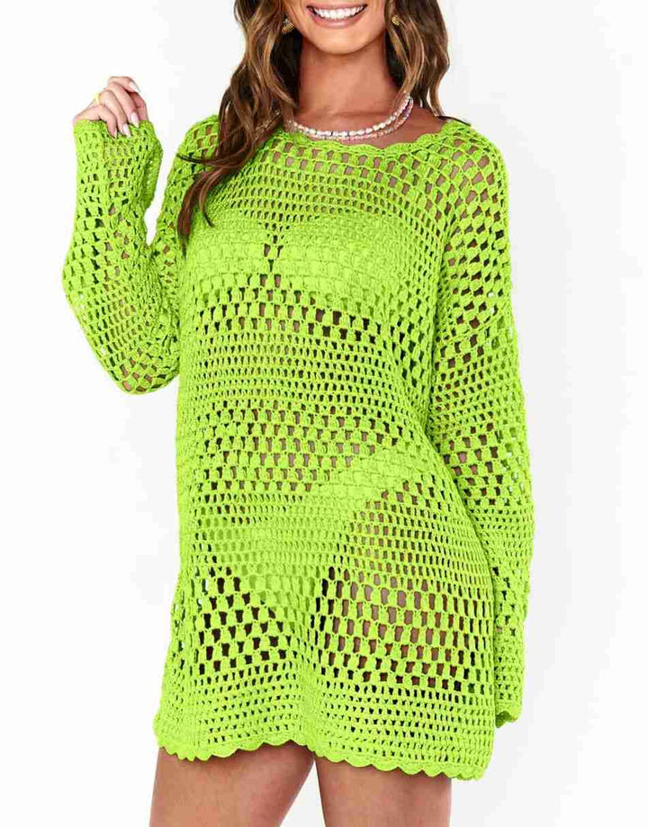 ANRABESS Womens Swimsuit Cover Up Crochet Long Sleeve Mesh Knit Summer Beach Dress Sheer Hollow Out Bathing Suit Coverup