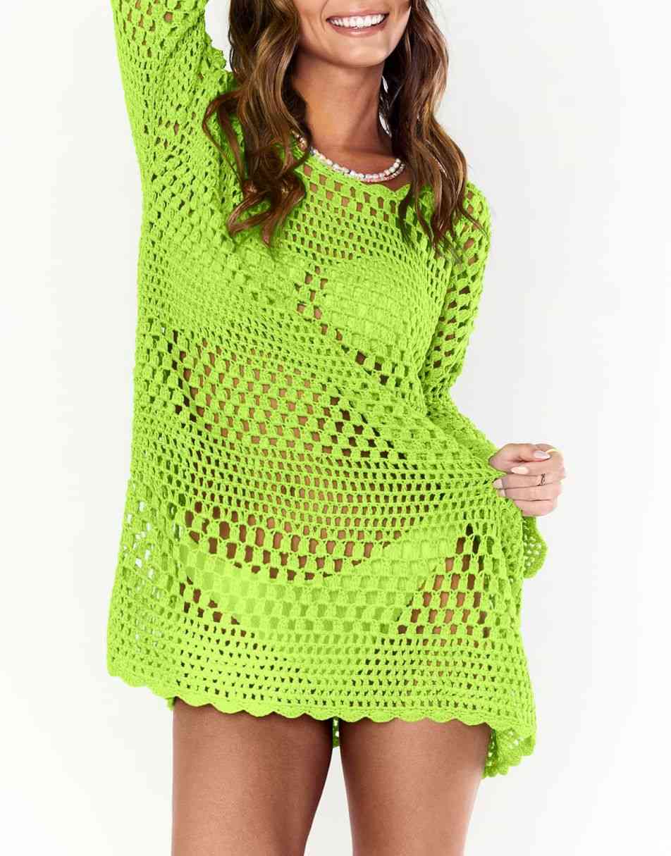 ANRABESS Womens Swimsuit Cover Up Crochet Long Sleeve Mesh Knit Summer Beach Dress Sheer Hollow Out Bathing Suit Coverup