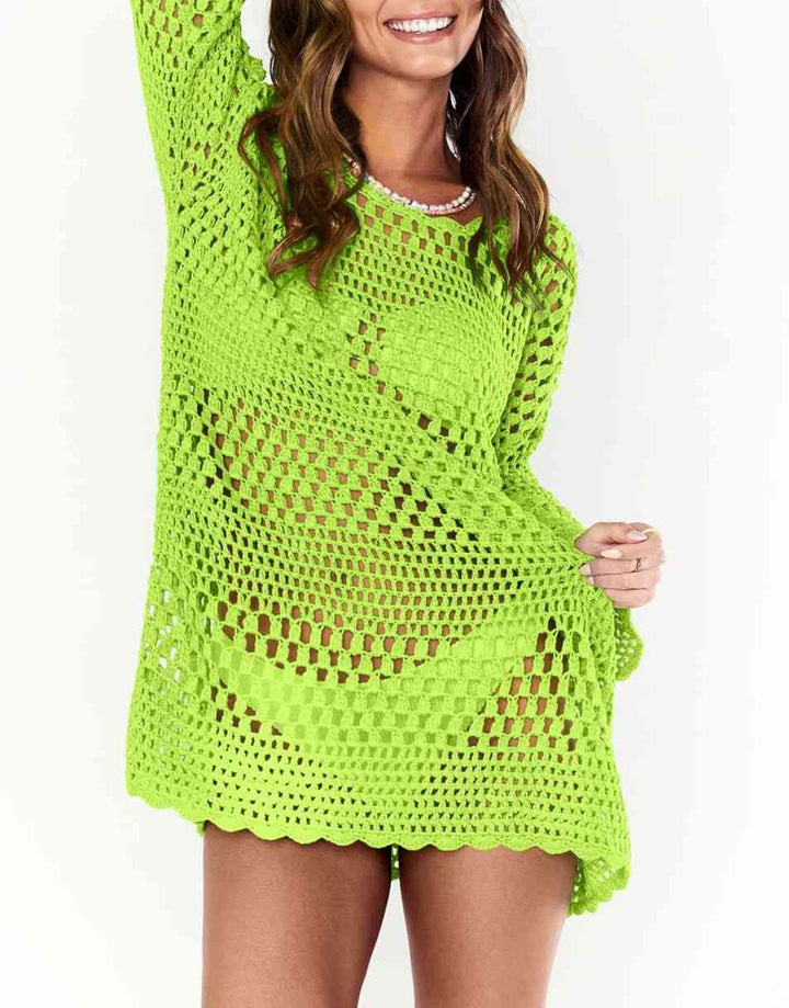 ANRABESS Womens Swimsuit Cover Up Crochet Long Sleeve Mesh Knit Summer Beach Dress Sheer Hollow Out Bathing Suit Coverup