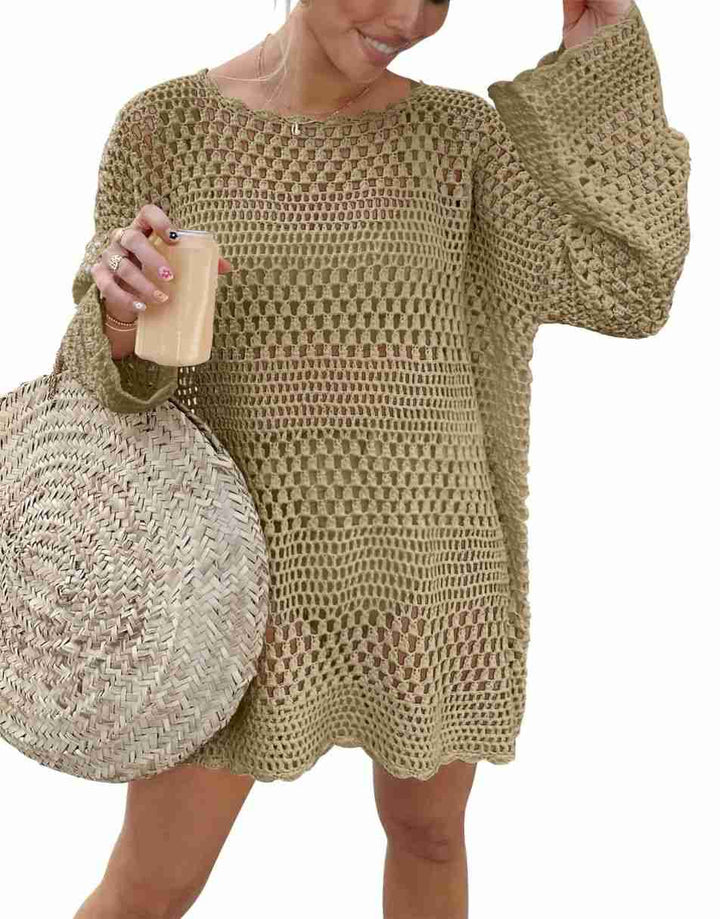 ANRABESS Womens Swimsuit Cover Up Crochet Long Sleeve Mesh Knit Summer Beach Dress Sheer Hollow Out Bathing Suit Coverup