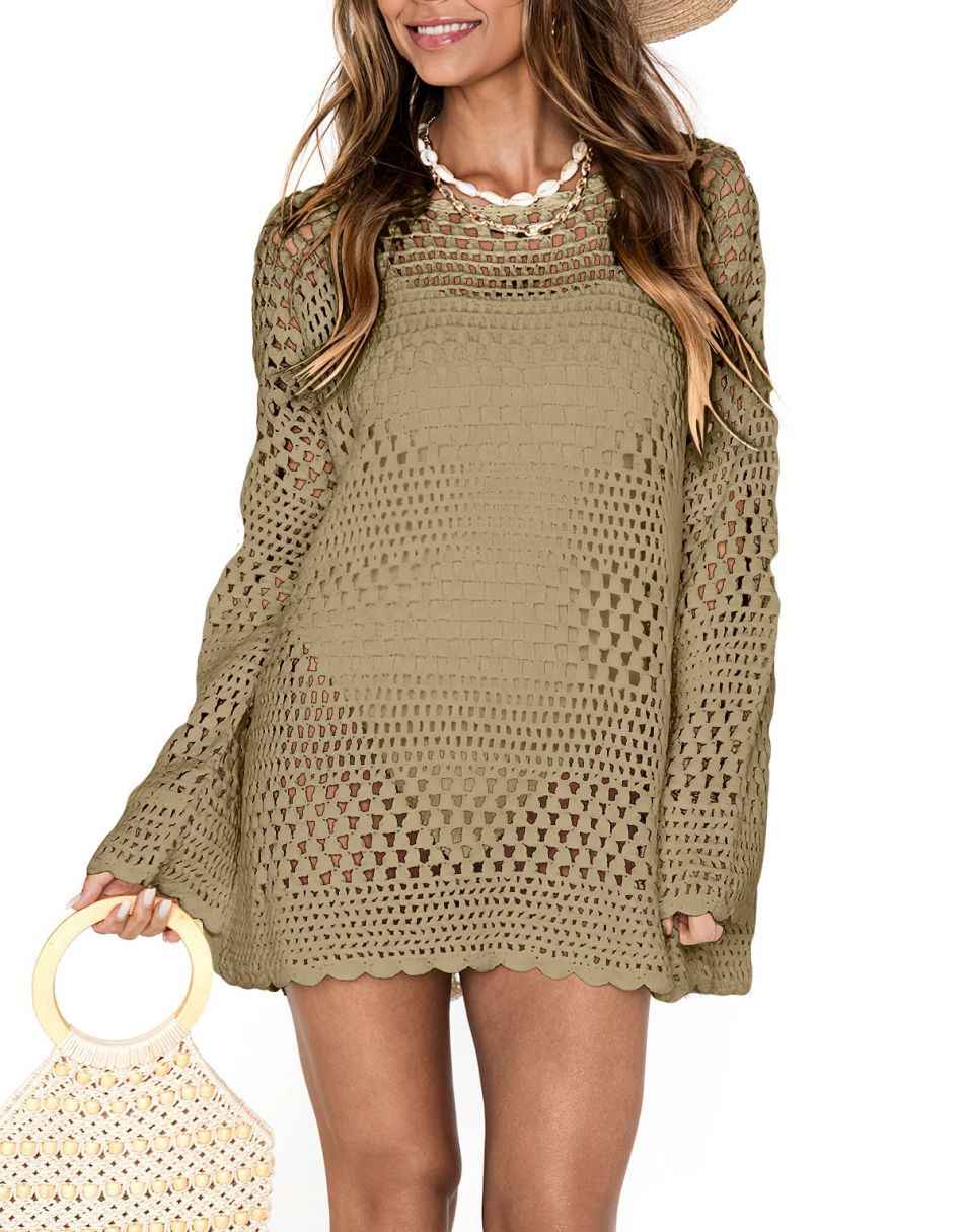 ANRABESS Womens Swimsuit Cover Up Crochet Long Sleeve Mesh Knit Summer Beach Dress Sheer Hollow Out Bathing Suit Coverup