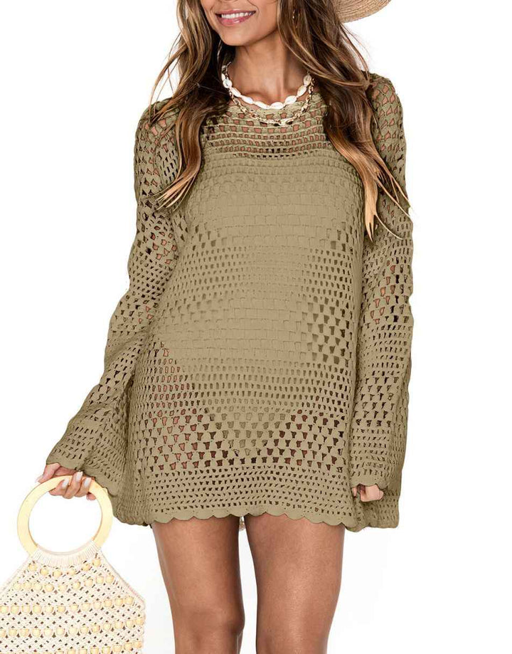 ANRABESS Womens Swimsuit Cover Up Crochet Long Sleeve Mesh Knit Summer Beach Dress Sheer Hollow Out Bathing Suit Coverup