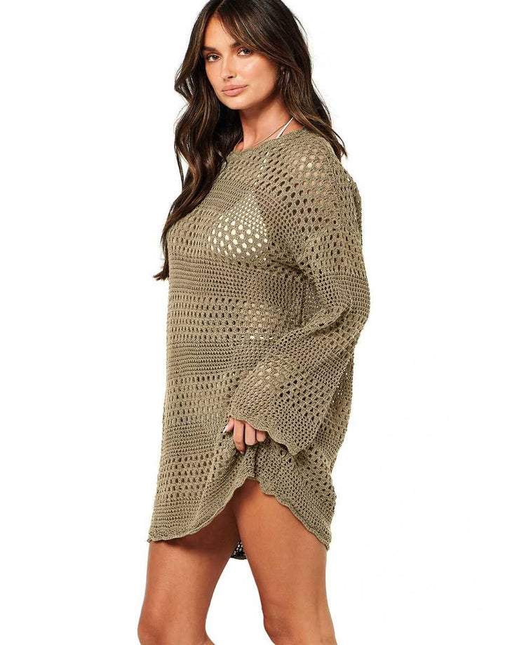 ANRABESS Womens Swimsuit Cover Up Crochet Long Sleeve Mesh Knit Summer Beach Dress Sheer Hollow Out Bathing Suit Coverup
