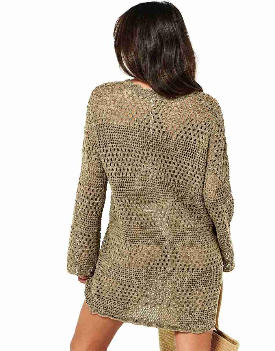 ANRABESS Womens Swimsuit Cover Up Crochet Long Sleeve Mesh Knit Summer Beach Dress Sheer Hollow Out Bathing Suit Coverup