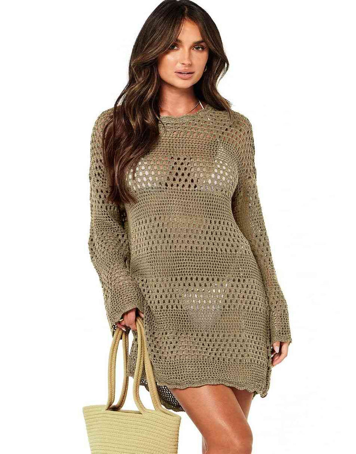 ANRABESS Womens Swimsuit Cover Up Crochet Long Sleeve Mesh Knit Summer Beach Dress Sheer Hollow Out Bathing Suit Coverup