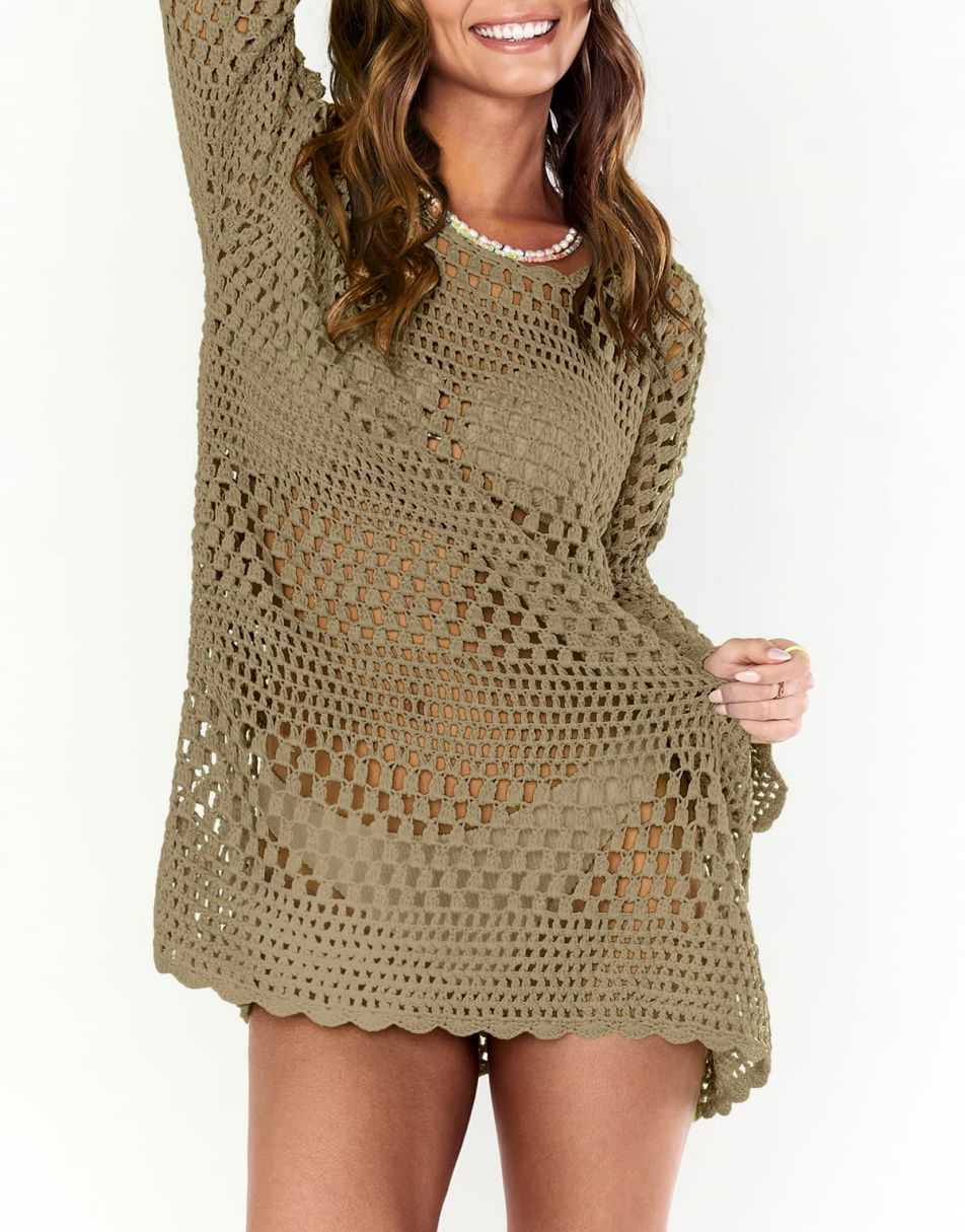 ANRABESS Womens Swimsuit Cover Up Crochet Long Sleeve Mesh Knit Summer Beach Dress Sheer Hollow Out Bathing Suit Coverup