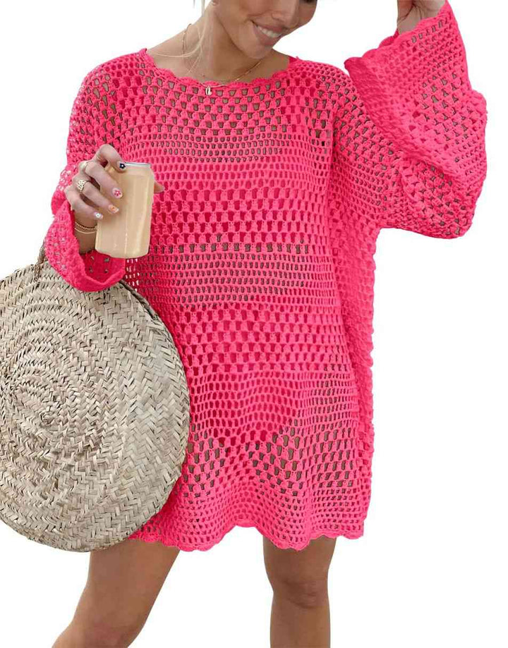 ANRABESS Womens Swimsuit Cover Up Crochet Long Sleeve Mesh Knit Summer Beach Dress Sheer Hollow Out Bathing Suit Coverup