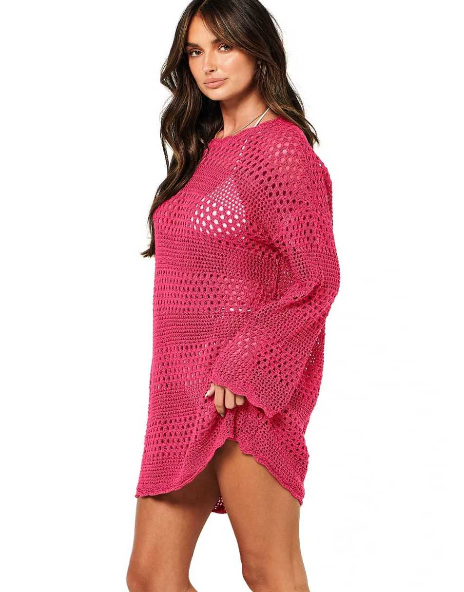 ANRABESS Womens Swimsuit Cover Up Crochet Long Sleeve Mesh Knit Summer Beach Dress Sheer Hollow Out Bathing Suit Coverup