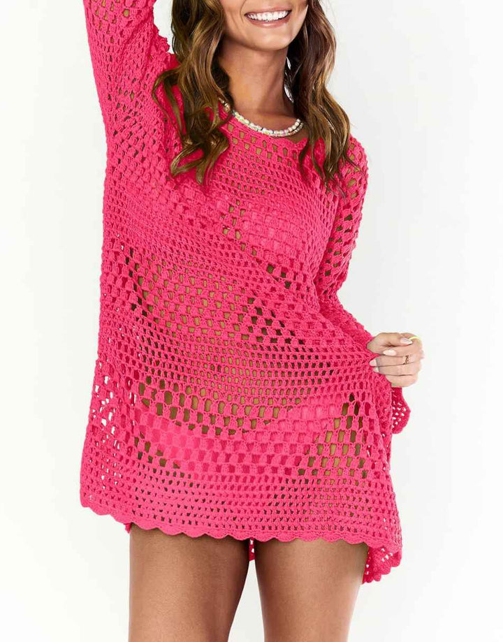 ANRABESS Womens Swimsuit Cover Up Crochet Long Sleeve Mesh Knit Summer Beach Dress Sheer Hollow Out Bathing Suit Coverup
