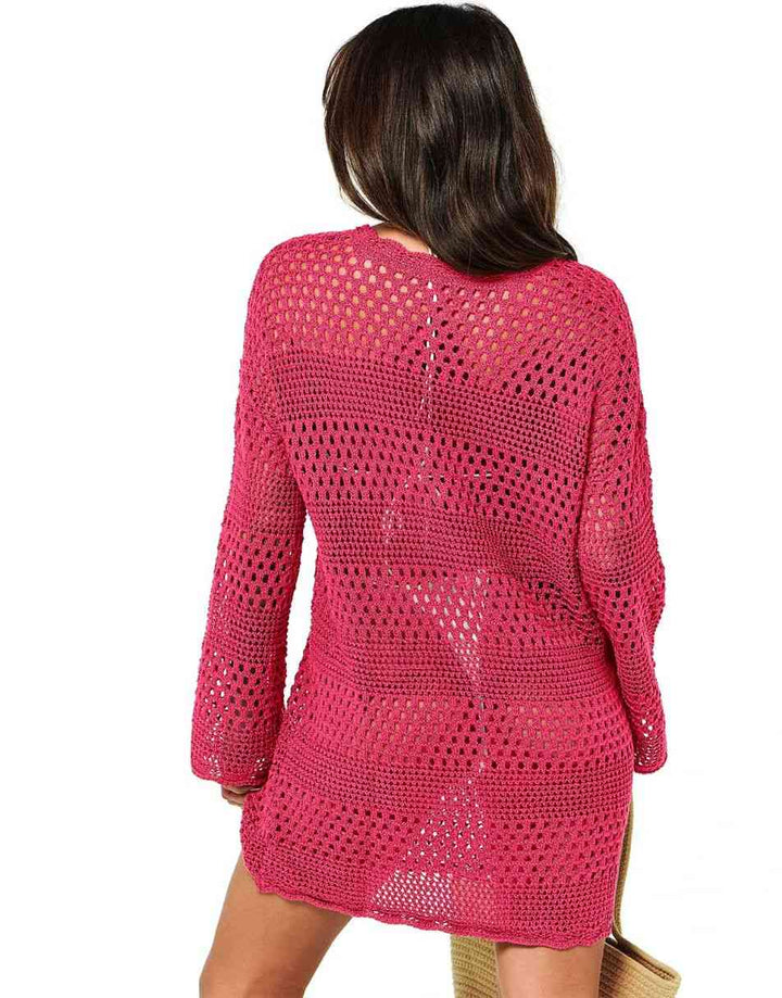 ANRABESS Womens Swimsuit Cover Up Crochet Long Sleeve Mesh Knit Summer Beach Dress Sheer Hollow Out Bathing Suit Coverup