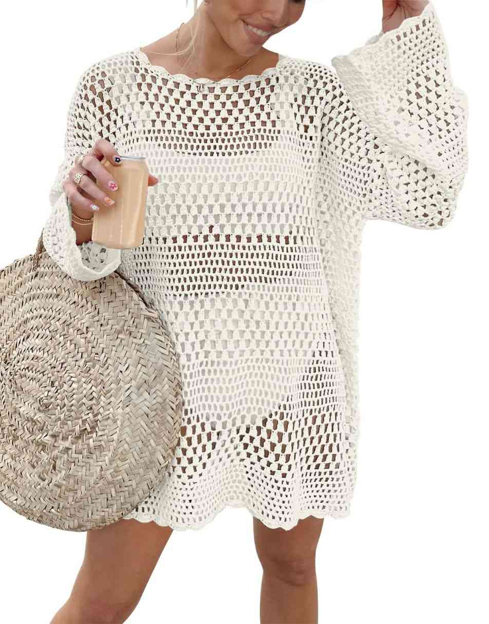 ANRABESS Womens Swimsuit Cover Up Crochet Long Sleeve Mesh Knit Summer Beach Dress Sheer Hollow Out Bathing Suit Coverup