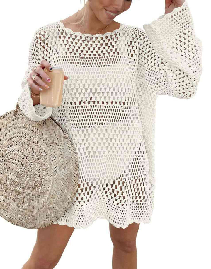 ANRABESS Womens Swimsuit Cover Up Crochet Long Sleeve Mesh Knit Summer Beach Dress Sheer Hollow Out Bathing Suit Coverup