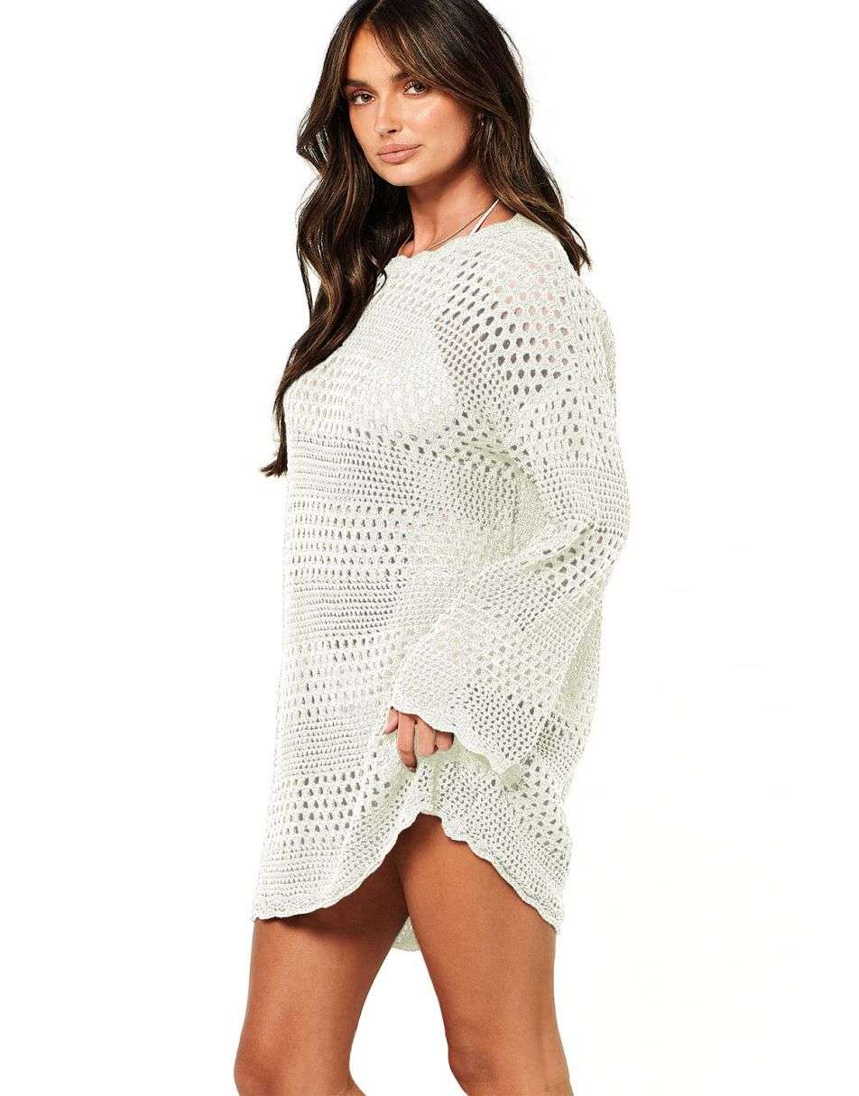 ANRABESS Womens Swimsuit Cover Up Crochet Long Sleeve Mesh Knit Summer Beach Dress Sheer Hollow Out Bathing Suit Coverup