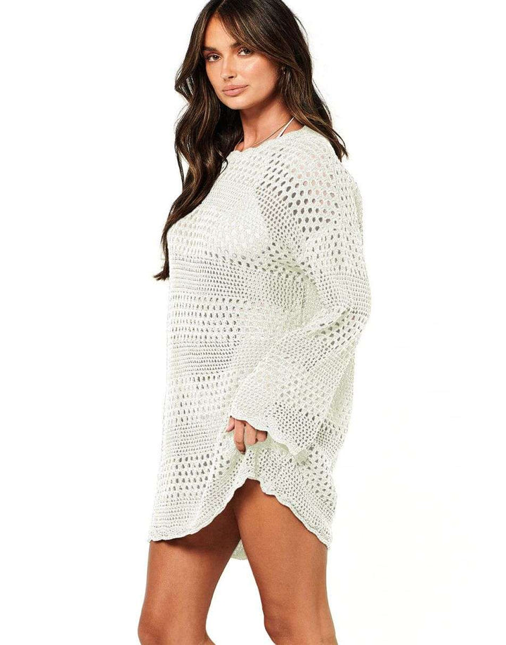 ANRABESS Womens Swimsuit Cover Up Crochet Long Sleeve Mesh Knit Summer Beach Dress Sheer Hollow Out Bathing Suit Coverup