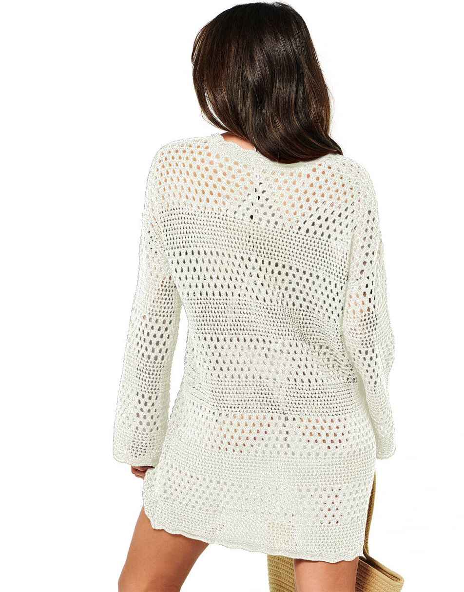 ANRABESS Womens Swimsuit Cover Up Crochet Long Sleeve Mesh Knit Summer Beach Dress Sheer Hollow Out Bathing Suit Coverup