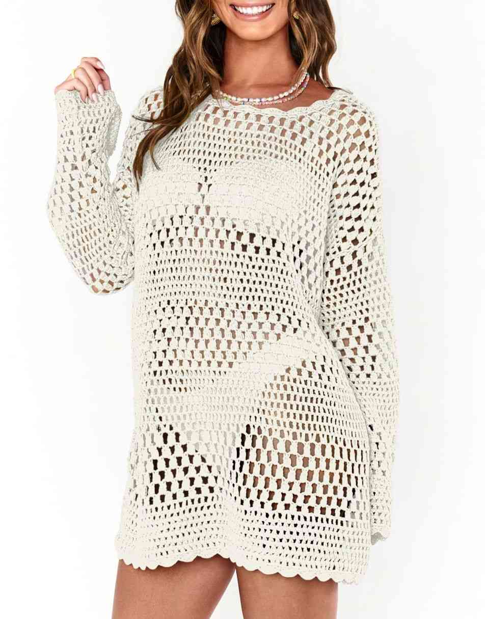 ANRABESS Womens Swimsuit Cover Up Crochet Long Sleeve Mesh Knit Summer Beach Dress Sheer Hollow Out Bathing Suit Coverup
